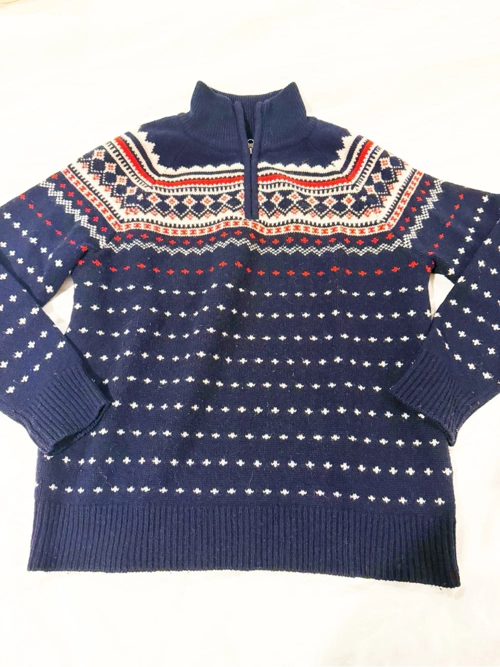 J. Crew Navy Fair Isle Half-Zip Sweater with Red & White Accents Size Medium